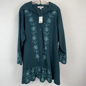 On‎ The Plus Side Teal Embroidered Button Front Tunic Top 2X NWT